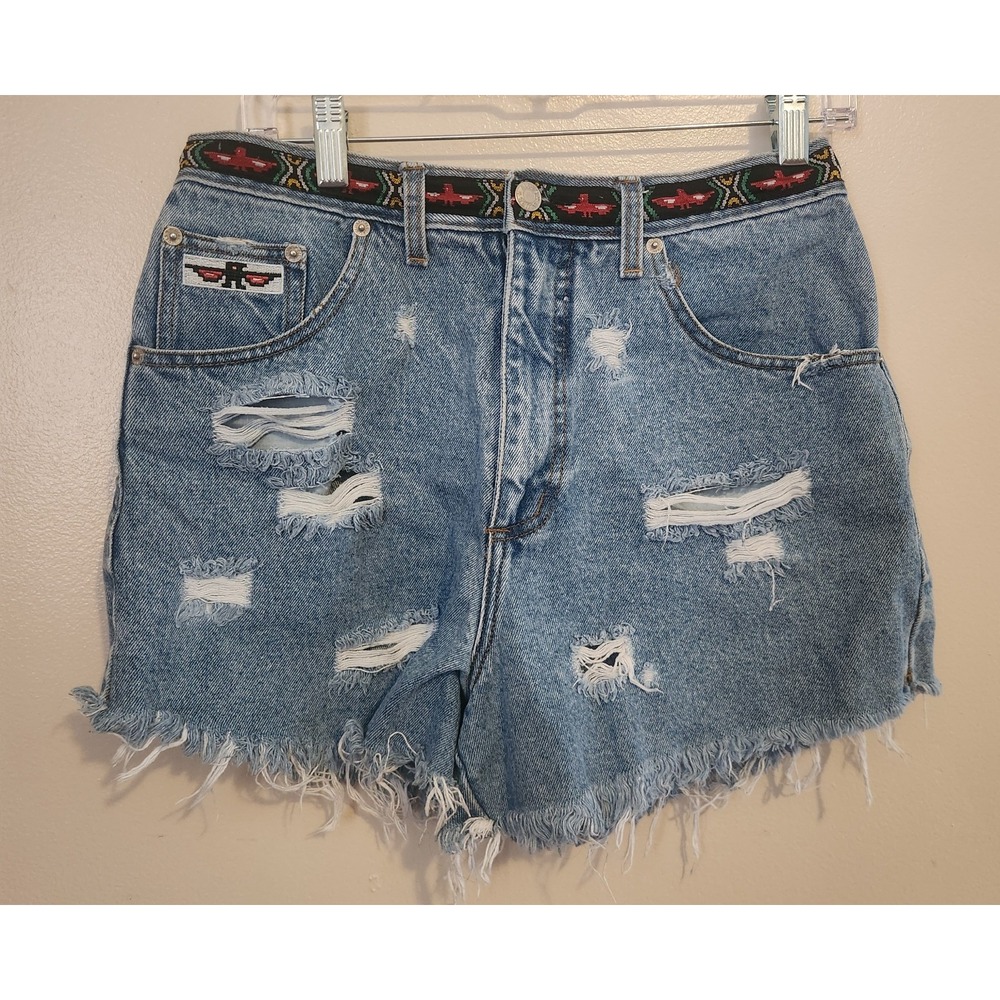 Vintage Mountain Lake Denim Shorts With Embroidered Southwestern Belt Size 10